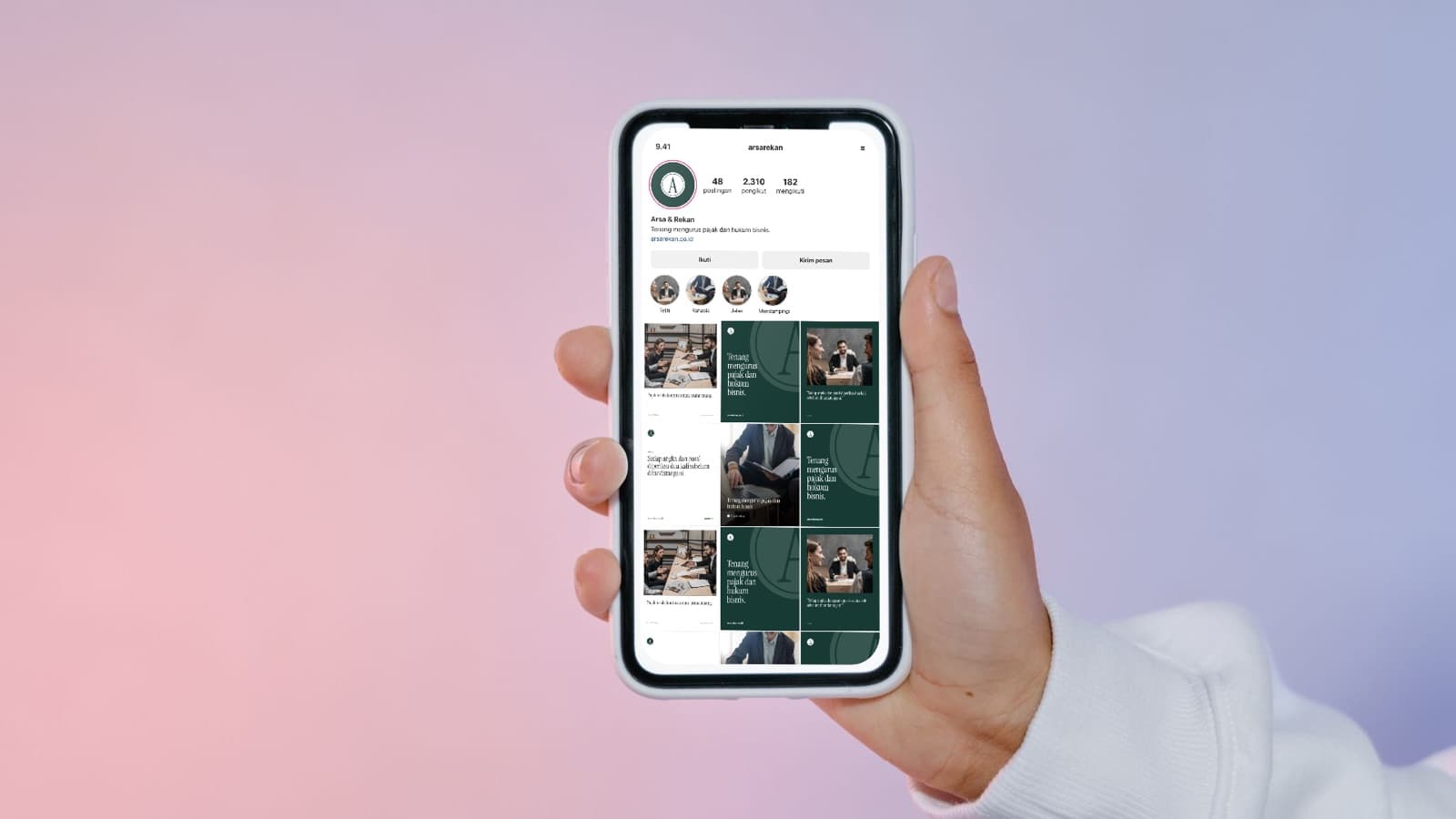 Feed Instagram konsep Arsa & Rekan di HP (proyek demo)